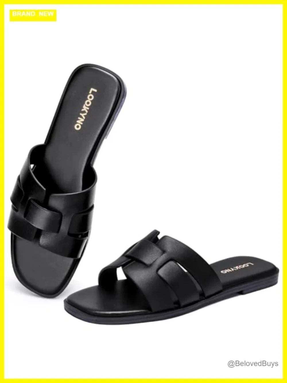 Women's Square Toe Slip On Flat Sandals Slides Faux Leather
